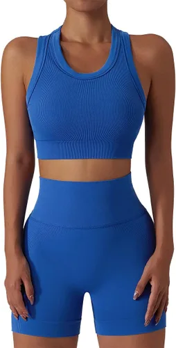 Vista 52 de Conjuntos de entrenamiento para mujer, 2 piezas, sin costuras, acanalada, sin mangas, brasier deportivo, cintura alta, pantalones cortos