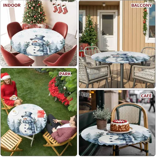 Vista 8 de Mantel redondo de Navidad de 36 a 44 pulgadas, mantel impermeable con borde elástico para fiestas de vacaciones en interiores y exteriores, árbol