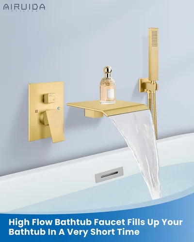 Vista 2 de Airuida Grifo de bañera de montaje en pared con boquilla de cascada, grifo de bañera montado en la pared con ducha de mano de una sola manija, juego