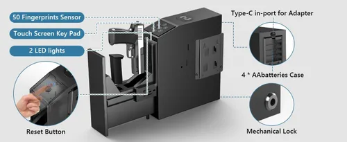 Vista 6 de Caja fuerte para pistola, biométrica para pistolas, acceso rápido para armas de fuego, huella dactilar, teclado, caja de bloqueo para pistola