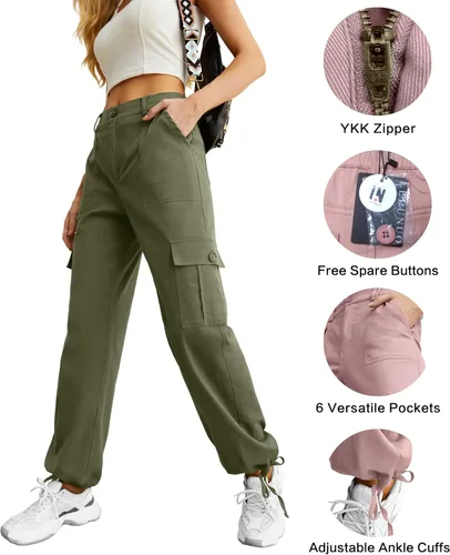 Vista 2 de Lepunuo Pantalones cargo de cintura alta para mujer, pantalones de viaje Y2K Streetwear holgados elásticos con 6 bolsillos con cordón en los tobillos
