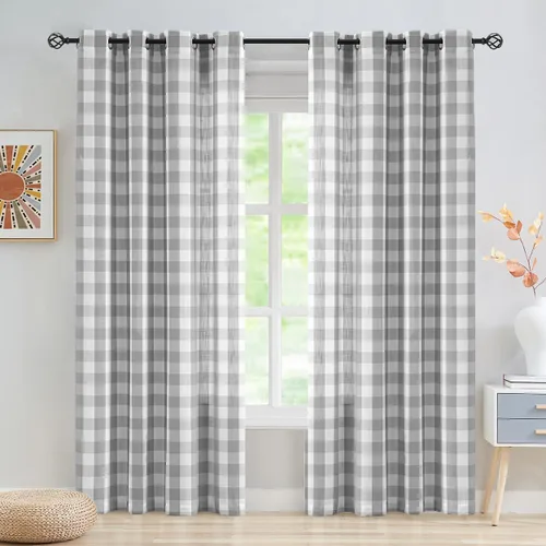 Vista 25 de Jubilantex Paneles de Cortina Semitransparentes a Cuadros Buffalo Blanco y Negro, Cortinas Texturizadas a Cuadros Gingham, Cortinaje, Cortinas