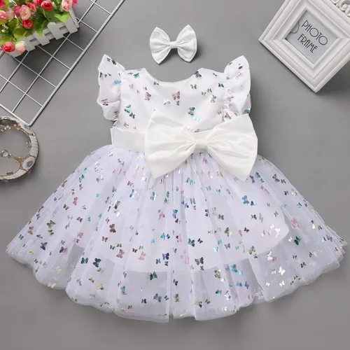 Vista 3 de IDOPIP Vestido tutú de mariposa con lentejuelas para bebé, niña de las flores, primera comunión, boda, fiesta de cumpleaños, vestido con lazo