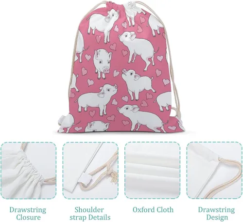 Vista 4 de Mini Pigs and A Hearts Drawstring Backpack Cute String Bag Canvas Daypack Travel Sackpack 30x40cm