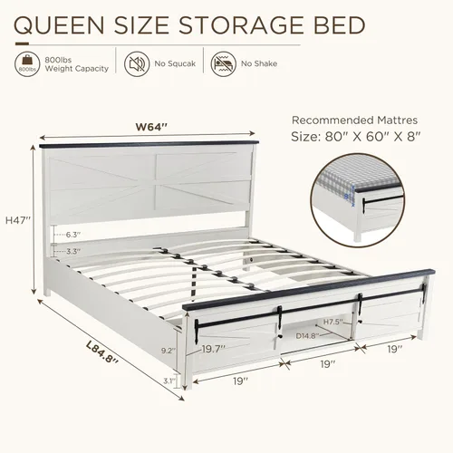 Vista 2 de JXQTLINGMU Marco de Cama de Madera Estilo Granja Tamaño Queen con Armarios de Almacenamiento con Puertas Corredizas de Granero y Cabecero, Soporte