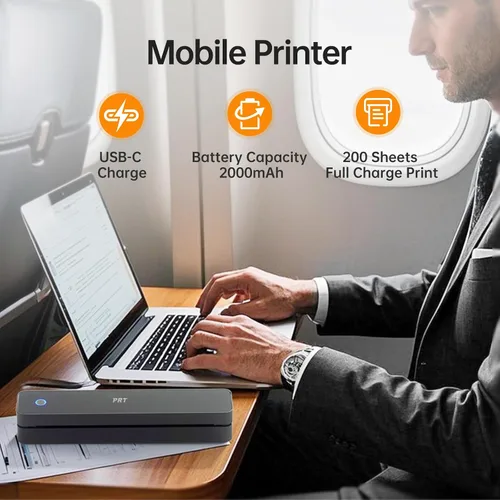Vista 3 de PRT Impresora portátil inalámbrica para viajes, impresora térmica sin tinta para uso doméstico, viene con funda de transporte y 200 hojas de papel