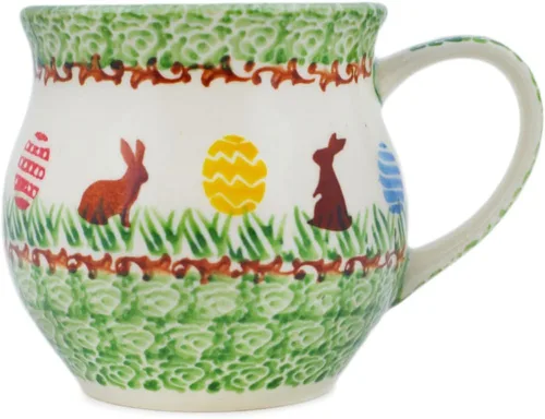 Vista 32 de Auténtica taza de burbujas de cerámica polaca de 13 onzas en diseño amarillo hecho a mano en Bolesławiec Polonia por Ceramika Bona + certificado