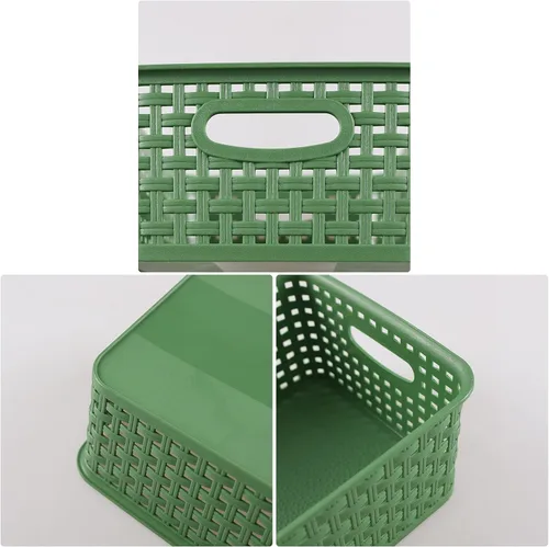 Vista 4 de Sadstory - Cesta de almacenamiento tejida de plástico verde oscuro, cesta de plástico para estantes, 6 paquetes