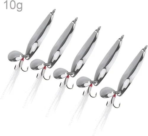Vista 8 de Kit de pesca de señuelos de cucharas de 5 piezas, cebos giratorios de metal con ganchos agudos para lubina salmón
