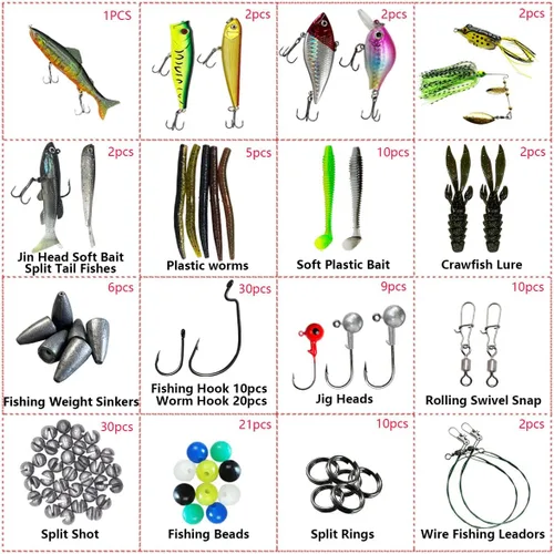 Vista 2 de Kit de señuelos de pesca, incluyendo cebos, anzuelos, palas, lombrices, plomos, ganchos, caja de aparejos y más equipo de pesca para truchas