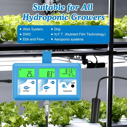Vista 7 de Monitor de pH hidropónico ppm, WiFi 6 en 1 medidor de pH EC para sistema de cultivo hidropónico, monitoreo continuo pH PPM EC CF humedad temperatura