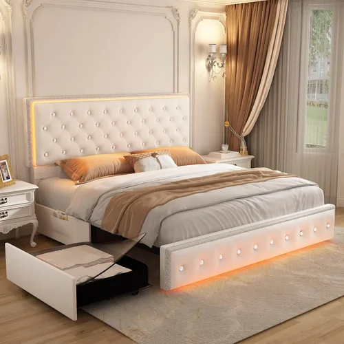 Vista 15 de SIBEDS Base de cama completa con LED y 2 cajones, marco de cama de plataforma de metal resistente de tamaño completo con cabecera ajustable con Negro