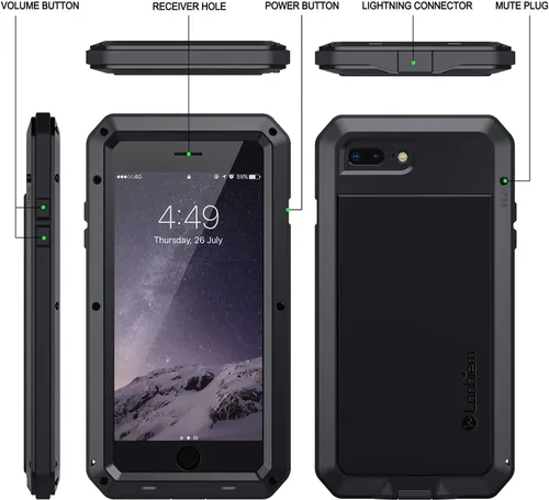 Vista 6 de Lanhiem Funda para iPhone 7 Plus/8 Plus, resistente a los golpes, [Tough Armour], funda de metal con protector de pantalla integrado, funda Negro