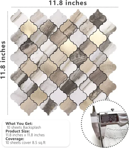 Vista 7 de STICKGOO Azulejo árabesco para salpicaduras de pelar y pegar, para salpicaduras de cocina y baño, grano de madera dorada con aspecto de mármol, PVC
