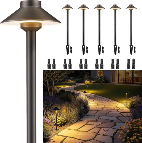 Vista 20 de Gardenreet Luces de camino de latón para exteriores, iluminación de camino de paisaje de bajo voltaje con cable, luz LED de pasarela de 12 V