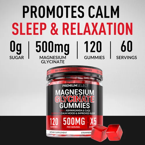 Vista 2 de Gomitas de glicinato de magnesio para adultos, 500 mg, 120 gomitas sin azúcar, apoyo para calmar y dormir con bálsamo de limón Ashwagandha