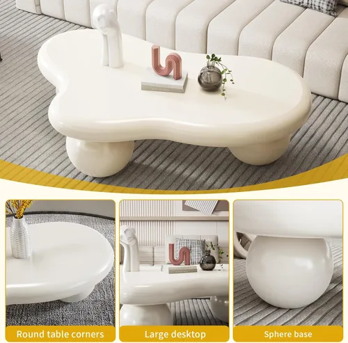 Vista 6 de Mesa de centro en forma de nube de 40 pulgadas, modernas mesas de centro ovaladas irregulares con 3 bases, mesa central color crema para dormitorio