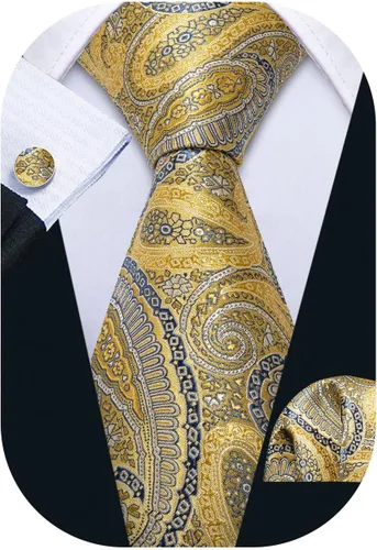 Vista 124 de Barry.Wang - Juego de corbata de seda para hombre, diseño de cachemira, pañuelo y gemelos de bolsillo