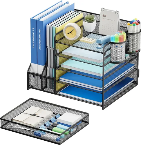 Vista 3 de Lavatino Organizador de escritorio con soporte para archivos, organizador de bandeja de papel de 5 niveles con cajón deslizante y 2 soportes