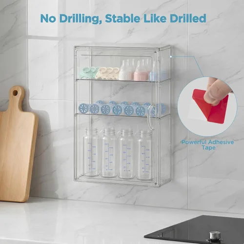 Vista 3 de HBlife Organizador de almacenamiento para biberones de bebé, soporte de pared, 3 niveles ajustables de acrílico transparente, estación