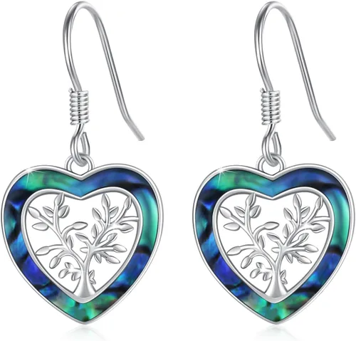Vista 8 de Aretes de plata de ley 925 con forma de árbol de la vida, con forma de corazón de abulón, árbol genealógico, joyería de corazón para mujer, Plata