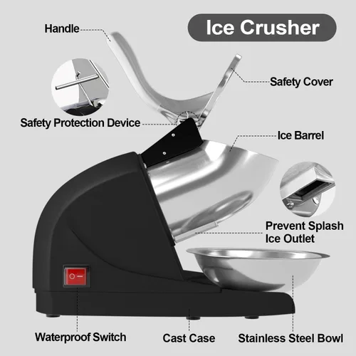 Vista 7 de Máquina de Hielo Raspado 380w Máquina de Cono de Nieve 3 Cuchillas de Acero Inoxidable Afeitadora de Hielo Eléctrica Trituradora de Hielo 127kg/hora