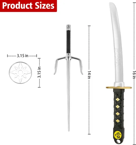 Vista 2 de Juego de 8 juguetes de espada ninja de plástico, espada samurái, juguetes Katana con funda, SAIS y Shuriken, armas ninja, accesorios de disfraz