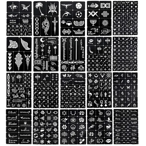 Vista 4 de 20 hojas de plantillas de tatuaje, 856 piezas de plantillas de kit de tatuaje de aerógrafo de henna para niñas y niños, tatuajes temporales