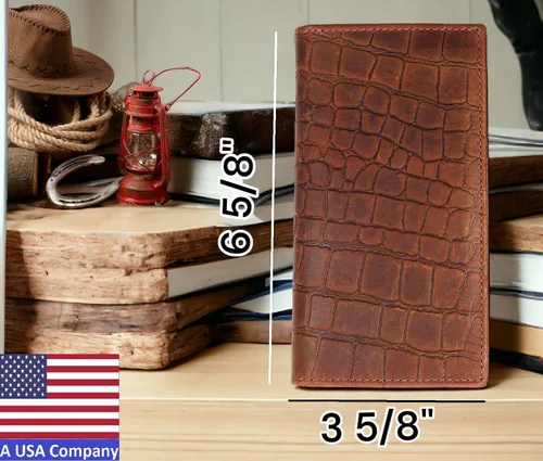 Vista 2 de F&L CLASSIC Billetera larga plegable de cuero genuino RFID para hombre, Estilo cocodrilo marrón