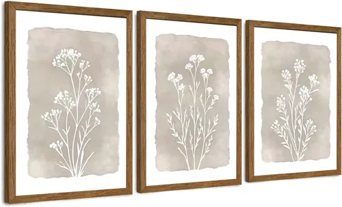 Vista 8 de JLTULT 3 piezas de arte de pared con flores en lienzo con marco, arte de pared de flores en tonos neutros y beige, arte de pared de flores