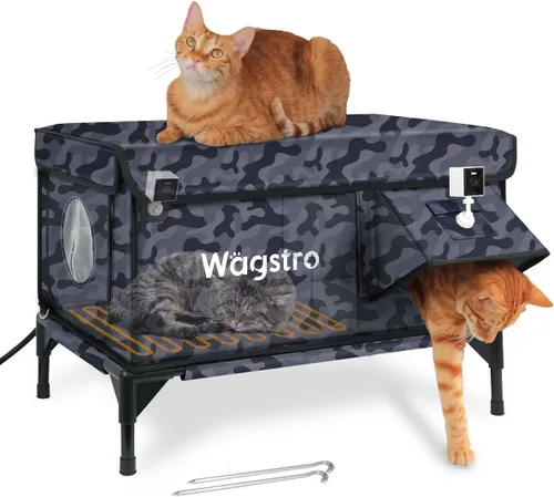 Vista 7 de Casa para Gatos con Calefacción para Exterior con Cámara Inteligente para Mascotas, Altamente Elevada con Puerta de Escape, Refugio para Gatos al