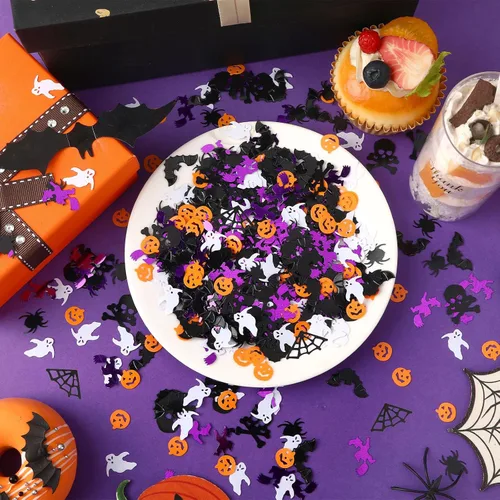 Vista 2 de MARFOREVER Decoraciones de confeti con purpurina de Halloween, fiesta de Halloween, dispersión de confeti negro, naranja, morado, fantasma