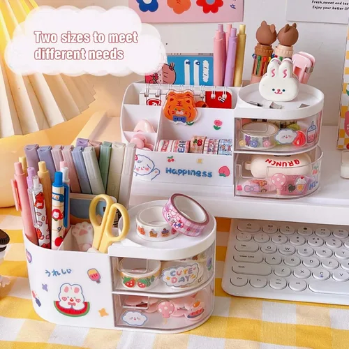 Vista 4 de MLAFE Kawaii - Caja de almacenamiento de artículos de papelería, organizador de maquillaje, suministros de cuenta de mano, lindo organizador Rosa