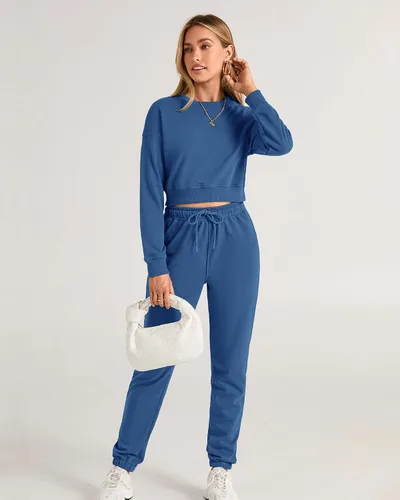 Vista 17 de BTFBM Conjunto deportivo de 2 piezas para mujer, camiseta corta de manga larga, sin botones, pantalón con cordón ajustable, pantalones deportivos