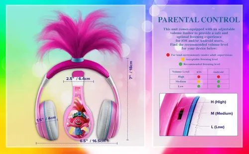 Vista 5 de Trolls World Tour Poppy - Auriculares para niños, brillan en la oscuridad, sonido estéreo, conector de 0.138 in, auriculares con cable para niños