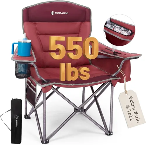Vista 12 de FUNDANGO Silla de campamento de gran tamaño para adultos, silla de césped plegable portátil de servicio pesado con asiento y respaldo acolchados