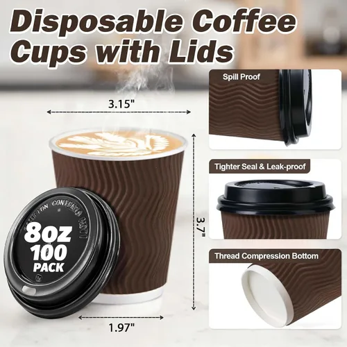 Vista 2 de Paquete de 100 tazas de café desechables de 8 oz con tapas, tazas de café caliente para llevar con tapas, tazas aisladas para bebidas calientes