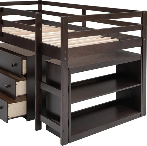 Vista 9 de Harper & Bright Designs Twin Low Loft Bed with Storage Cabinet and Rolling Portable Desk, Kids Twin Loft Bed with Bookshelf & Safety Guardrail and