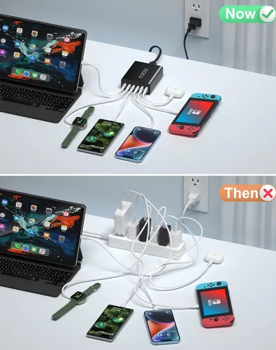 Vista 5 de Cargador USB C 100W GaN 6 puertos USB C tipo estación de carga, bloque de concentrador, cargador de pared USB C, adaptador de corriente con 4 USB