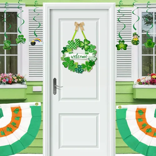 Vista 3 de Letrero colgante de madera de trébol del día de San Patricio, tréboles, adorno irlandés de la suerte, corona de madera para fiesta del día de San