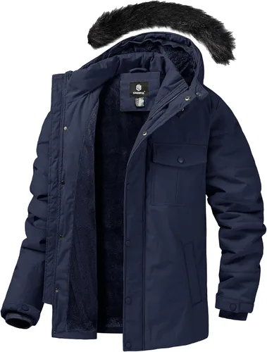 Vista 8 de CHEXPEL Abrigo de invierno para hombre, chaqueta de parka hinchada con capucha de piel, impermeable y resistente al viento, largo con forro polar
