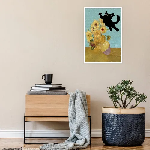 Vista 3 de Póster de Arte Gracioso de Gato Negro Vintage Van Gogh Girasol Gato Impreso en Lienzo Arte de Pared de Gato Lindo Estética de Animales