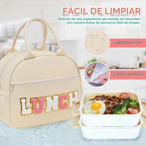 Vista 6 de Lonchera para niñas y mujeres, bonita bolsa de almuerzo preparada con letras de chenilla, bolsa de almuerzo aislada de gran capacidad con correa