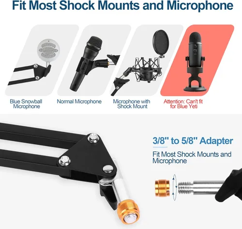 Vista 2 de Micrófono ajustable brazo de tijera con clip de micrófono y bridas para cables, resistente para Blue Yeti Nano Snowball Ice, HyperX QuadCast