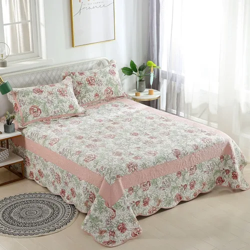 Vista 10 de ABREEZE Juego de edredón acolchado de algodón con diseño de retazos florales y rosas azules, juego de colcha rústica de 3 piezas