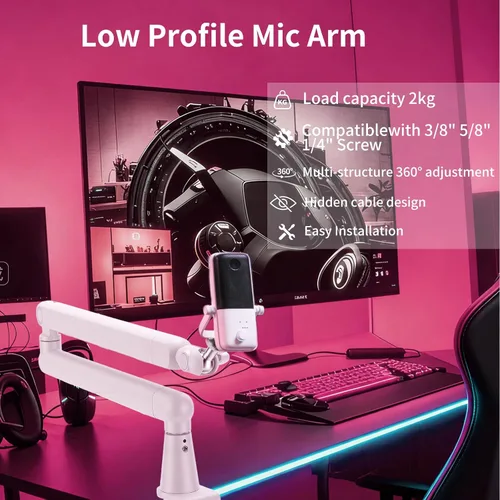 Vista 2 de Soporte de micrófono giratorio de 360°, brazo de micrófono, brazo de micrófono de perfil bajo, compatible con tornillo de 3/8 pulgadas, 5/8 pulgadas