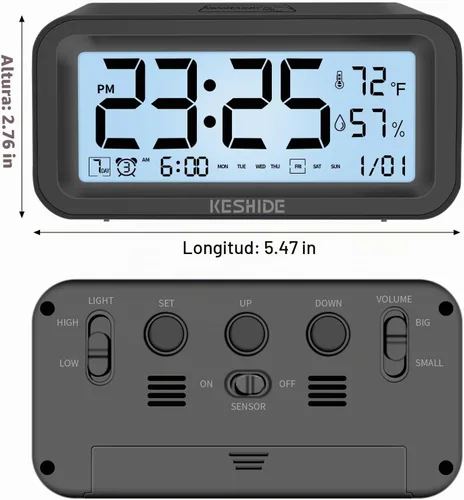 Vista 2 de Reloj despertador digital con luz nocturna, funciona con pilas, con temperatura interior y humedad, reloj pequeño de escritorio, modelo con función