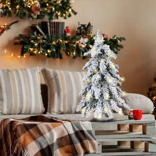 Vista 3 de Prelit - Mini árbol de Navidad artificial, árbol de Navidad de mesa flocado de 18 pulgadas con luces y base de madera, pino de Navidad