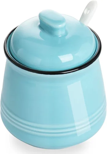Vista 10 de Tazón de sal de porcelana con tapa y cuchara, azucarero de cerámica de 12 onzas (beige)