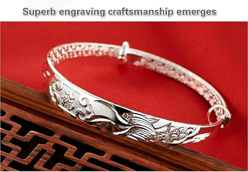 Vista 3 de Pulsera ajustable tallada de plata de ley 999 maciza con dragón chino fénix tallada para mujer, 0.51 onzas de peso para mujeres, mujeres y ancianos